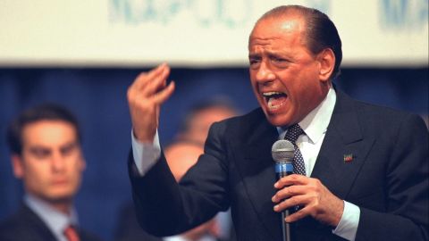 Berlusconi speaks during a center-right coalition rally in Naples, Italy, in 1993.