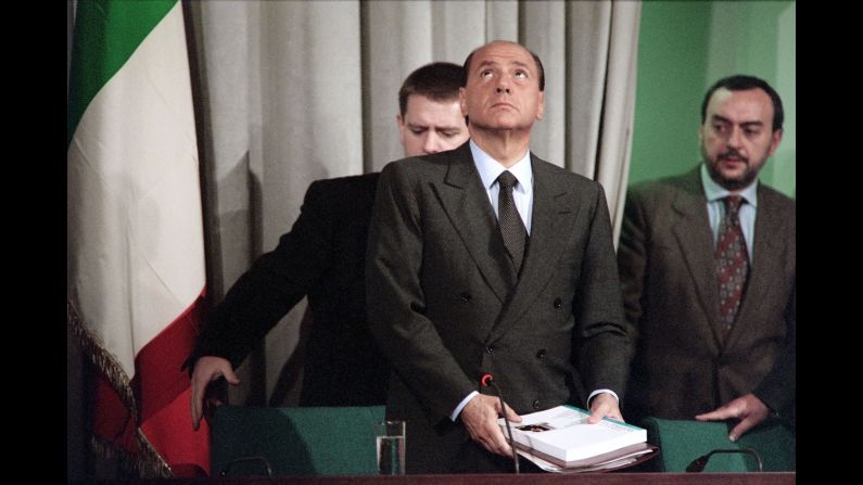 Berlusconi speaks to the press on December 23, 1994, a day after he submitted his resignation to President Oscar Scalfaro. He had lost the support of other political parties.