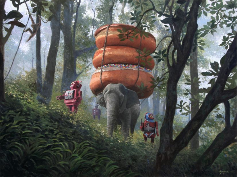"Jungle Trek" (2011). For more than 15 years, all of Joyner' paintings have featured robots, doughnuts or both.