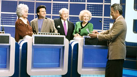 An episode of "The Golden Girls" in February 1992 titled "Questions and Answers" featured members of the cast appearing on "Jeopardy!" Pictured from left are Bea Arthur, David Leisure, Bill Erwin and Betty White, along with Trebek.