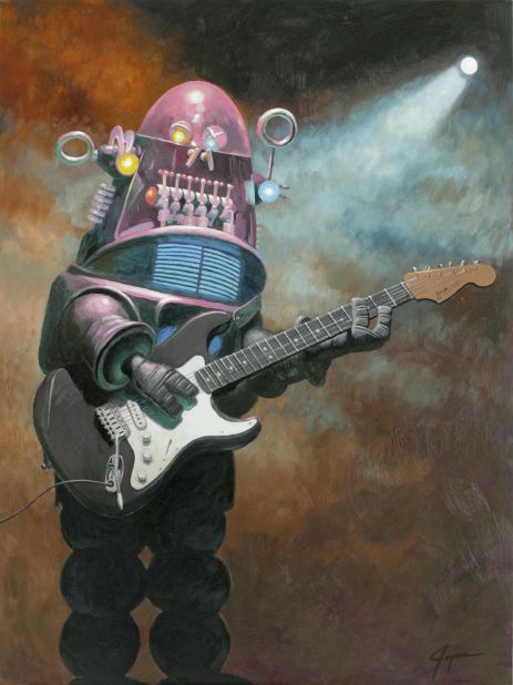"Blues Machine" (2012). Joyner soon began work on four different series of paintings: Mexican masks, San Francisco city scenes, old newspaper cartoons and Japanese tin robots. 