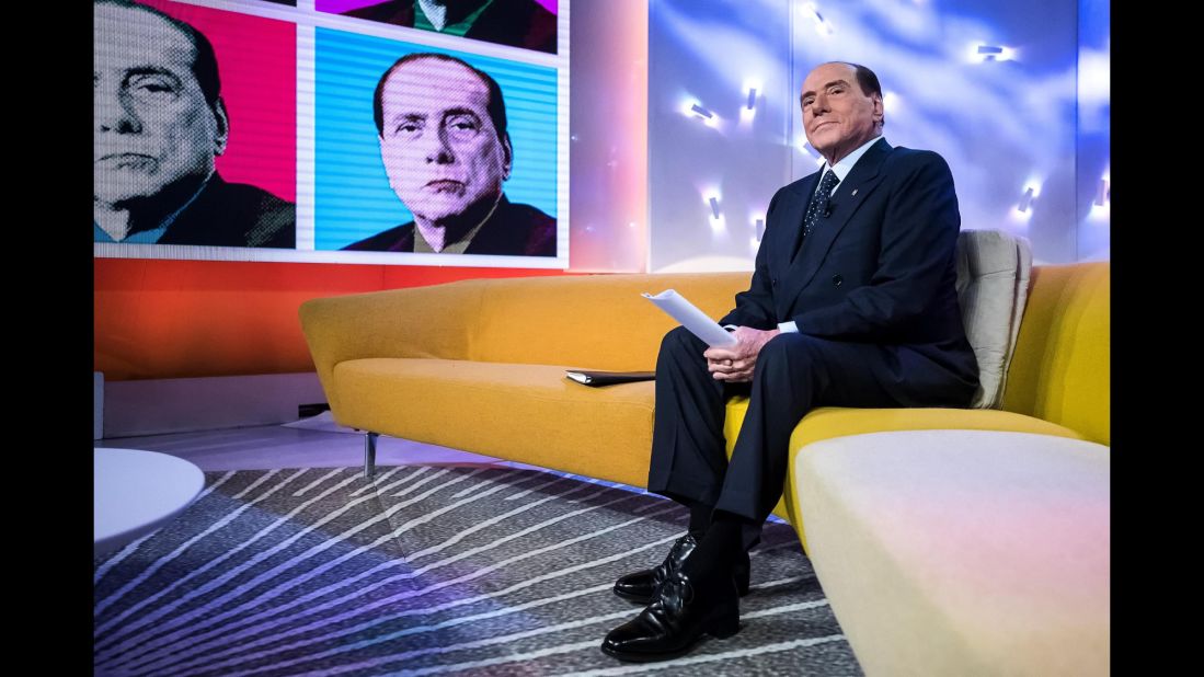 Berlusconi appears on the television program "Tagada" in February 2018. Italy will hold general elections on March 4, and Berlusconi, as leader of the Forza Italia party, has brokered a right-wing alliance with the neo-fascist Brothers of Italy party and the anti-immigrant Northern League.