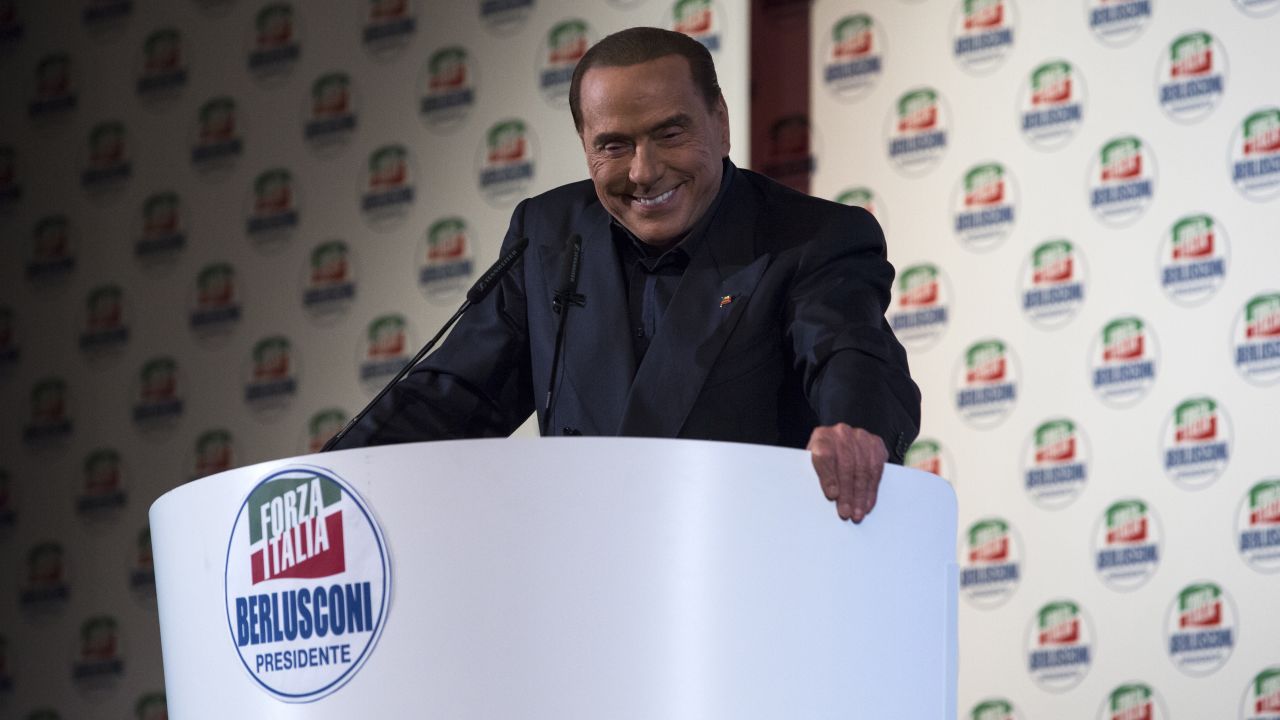 Berlusconi gives a speech during a political rally in Milan in February 2018.
