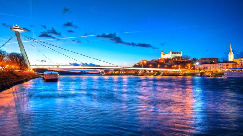 <strong>Bratislava: </strong>The SNP Bridge (also known as UFO Bridge for its unusual design) is one of the city's most noted landmarks and boasts a splendid  panorama of the Old Town and Bratislava Castle.