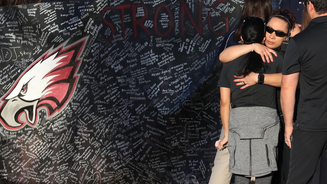 A photo taken on February 28 when students arrived at Marjory Stoneman Douglas High School for the first time since the shooting that killed 17 people earlier that month. 