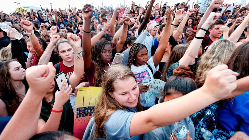 Students of area High Schools rally at Marjory Stoneman Douglas High School after participating in a county wide school walk out in Parkland, Florida on February 21, 2018. (RHONA WISE/AFP/Getty Images)