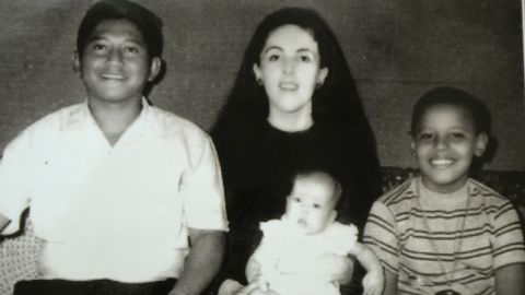 Former President Barack Obama as a child, right, with his mother Ann Dunham, stepfather Lolo Soetoro and younger half-sister, Maya Soetoro during their time in Indonesia.
