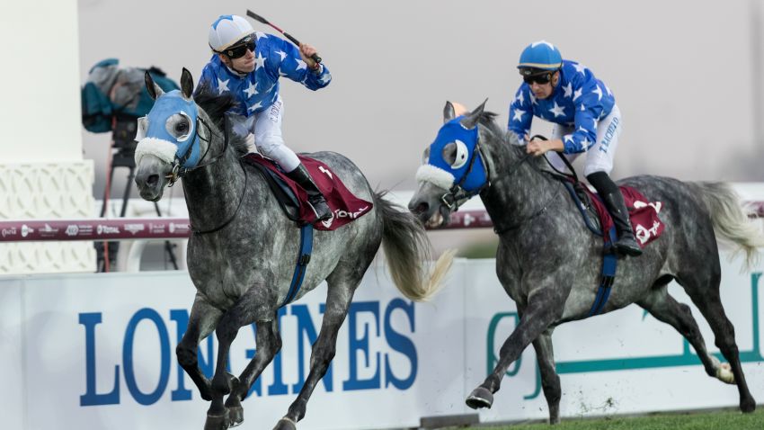 DOHA, QATAR - FEBRUARY 24:  Gazwan under Cristian Demuro wins the 2400m Group 1 H.H.The Emir's Sword race for Purebred Arabians at Al Rayyan Racecourse on February 24, 2018 in Doha, Qatar.  (Photo by Neville Hopwood/Getty Images)