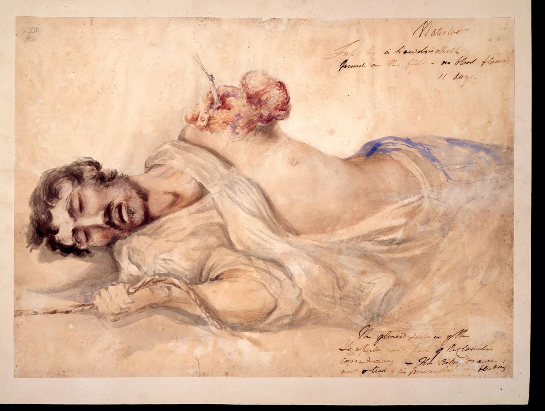 Watercolour of a wounded soldier (1815) by Charles Bell. A surgeon, neurologist, anatomist and artist, Bell's sketches and paintings were intended to illustrate wounds and operative techniques.