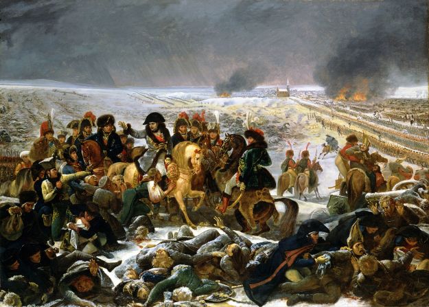 "Napoléon on the Battlefield of Eylau" (1808) by Antoine-Jean Gros. In France, artists like Gros were inspired by the deeds of Napoleon and his army. This painting shows Napoleon visiting the corpse-strewn battlefield in Eylau (eastern Prussia) the day after the bloody French victory over the Prussians.