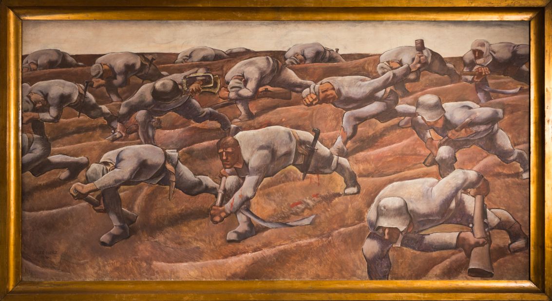 "The Nameless Ones, 1914" (1916) by Albin Egger-Lienz. Painted during World War I, the artwork depicts advancing figures so bowed-down that their bodies almost blend with the earth beneath them.
