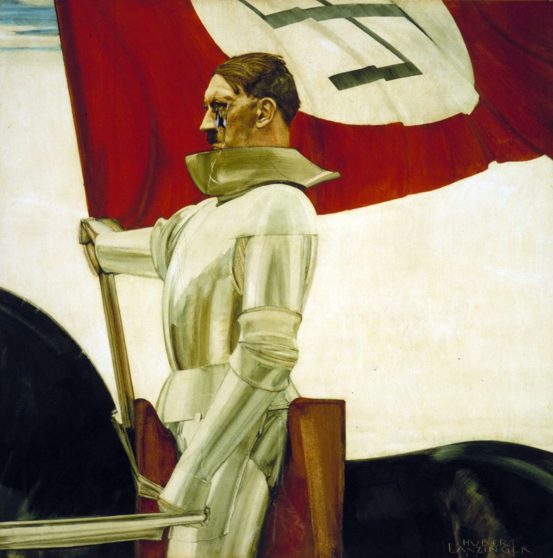 "The Standard Bearer" (1934--6) by Hubert Lanzinger. This portrayal of Hitler as a medieval knight reinforced the image of the dictator as strong and victorious.
