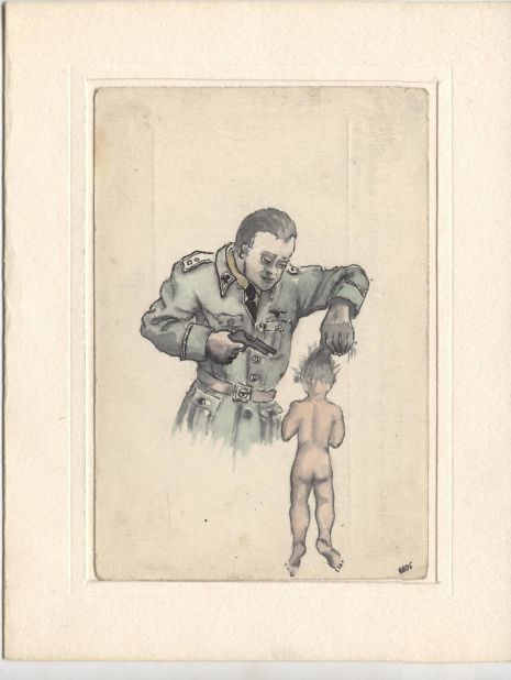 "Nazi and Child, Auschwitz" (1940-41) by Waldemar Nowakowski. A Nazi guard dangles an infant in the air by its hair, as depicted by Nowakowski, a Pole imprisoned in Auschwitz in 1940.