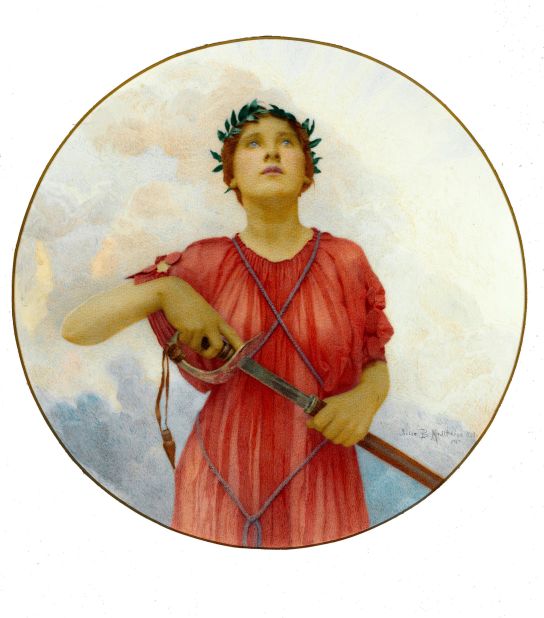 "Guided by Matchless Fortitude, To Peace and Truth Thy Glorious Way Hast Ploughed" (1919) by Julia Matthews. Painted a year after the conclusion of World War I, British artist Matthews' depicted a female figure crowned with a laurel wreath and unsheathing a sword.