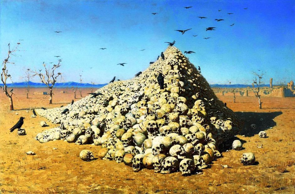 "Apotheosis of War" (1871) by Vasily Vereshchagin. The works of realist painter Vereshchagin were often criticized in Russia for their unfavorable depiction of the country's military.