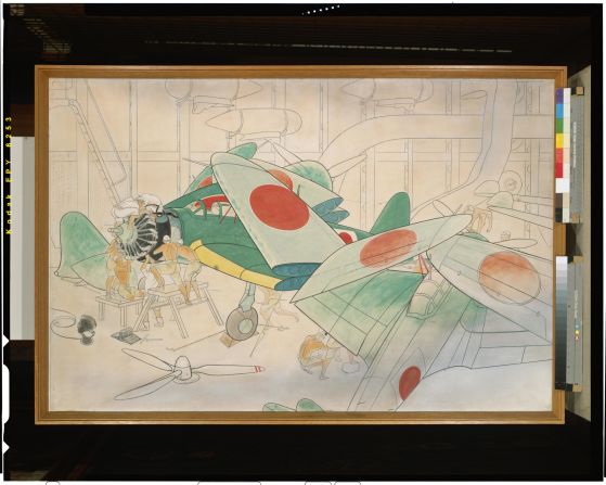 "Maintenance Work Aboard Aircraft Carrier II" (1943) by Arai Shori.Using coloured inks on paper, Arai Shori produced a series of images in the 1940s showing maintenance work taking place on aircraft carriers.