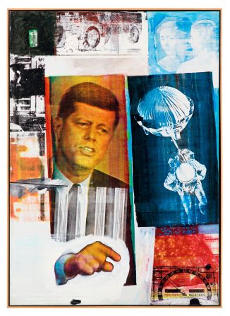 "Retroactive II" (1963) by Robert Rauschenberg. A silkscreen portrait of a young John F. Kennedy, based on a still from his televised address to the nation during the Cuban missile crisis.