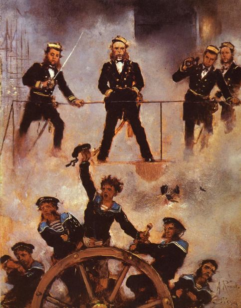 "Admiral Tegetthoff in the Sea Battle near Lissa (second version)" (1880) by Anton Romako. The artwork depicts the moment that Austria's Admiral Tegetthoff decided to ram the Italian Navy's ships near the Adriatic island of Lissa (now Vis, Croatia).