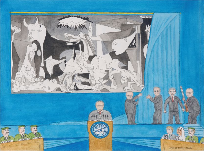 "Guernica, Incident at the UN" (2007) by Michael Patterson-Carver. Four years after Colin Powell's speech declaring war on Iraq, Patterson-Carver pictured the former Secretary of State in front of a partially covered tapestry alongside other political leaders, then President George W. Bush and Dick Cheney (with a shotgun).