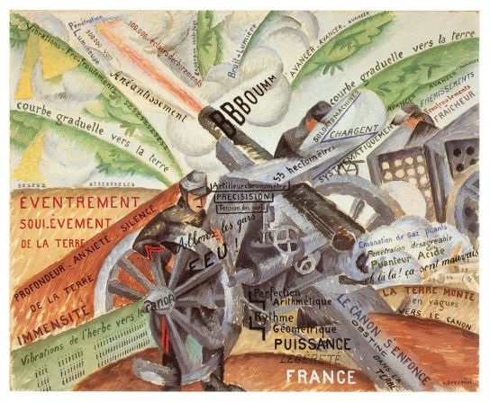"Guns in Action" (1915) by Gino Severini. Italian painted and futurist Severini used images of words associated with militarism amid the noise of battle.