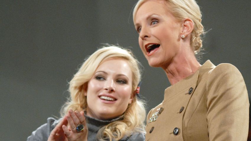 BETHLEHEM, PA - OCTOBER 8:  Cindy McCain (R), wife of Republican Presidential candidate U.S. Sen. John McCain (R-AZ), and her daughter Meghan McCain stand on stage during a campaign stop on the campus of Lehigh University October 8, 2008 in Bethlehem, Pennsylvania. Hundreds of supporters attended the event.(Photo by William Thomas Cain/Getty Images)