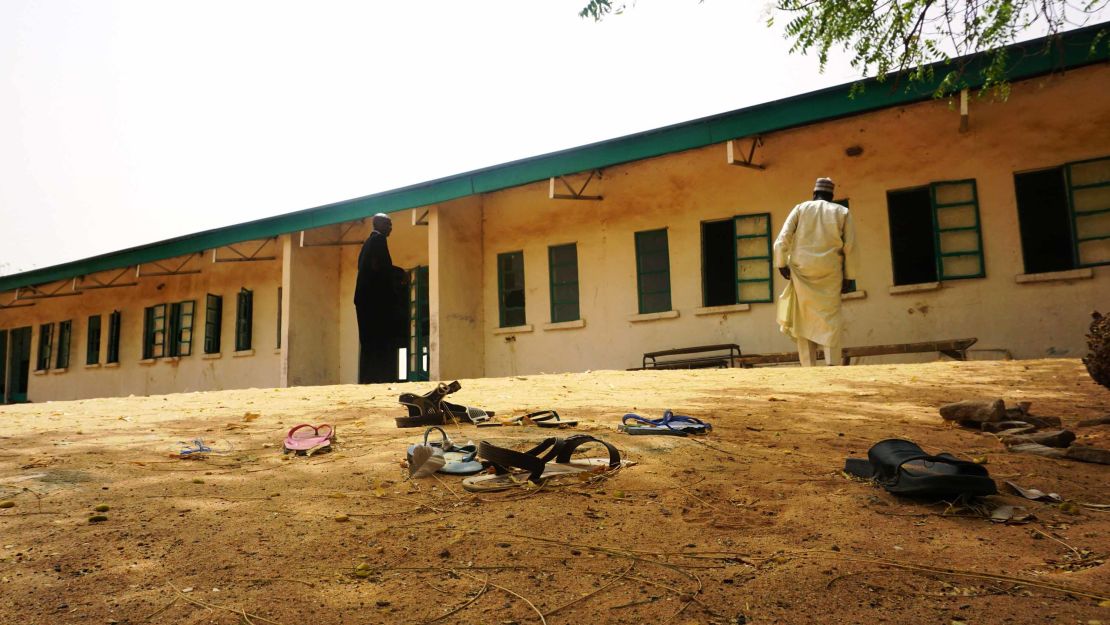 Sandals sit outside the school after the girls fled Boko Haram militants. 