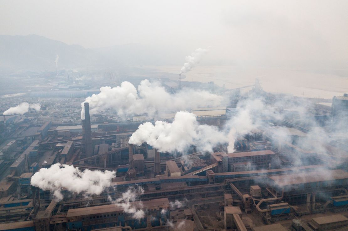 Pollution is emitted from steel factories in Hancheng, Shaanxi, China, in February, 2017.