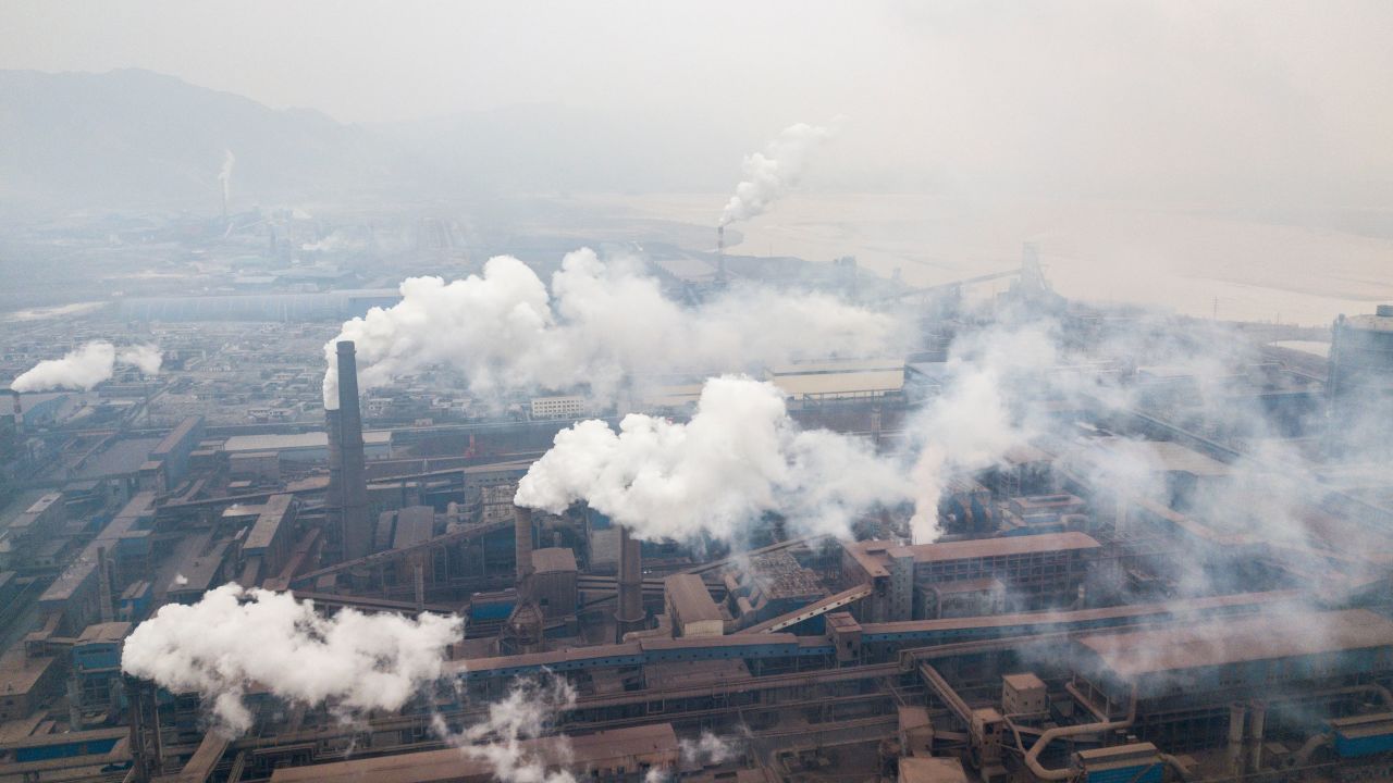Pollution is emitted from steel factories in Hancheng, Shaanxi, China, in February, 2017.