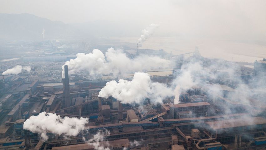 Aerial view of pollution being emitted from steel factories in Hancheng, Shaanxi, China