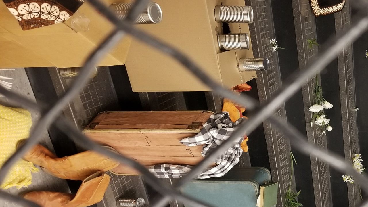 The display includes flowers, laminated green cards and barbed wire.