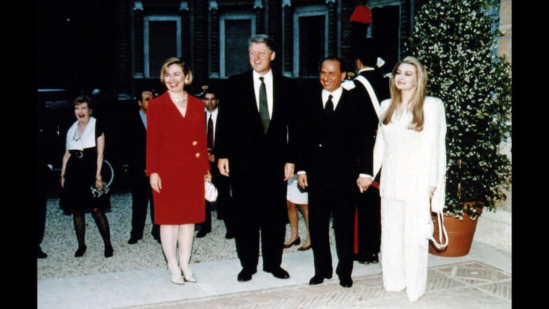 US President Bill Clinton and first lady Hillary Clinton meet Berlusconi and his wife, Veronica Lario, during an official visit to Rome in June 1994.