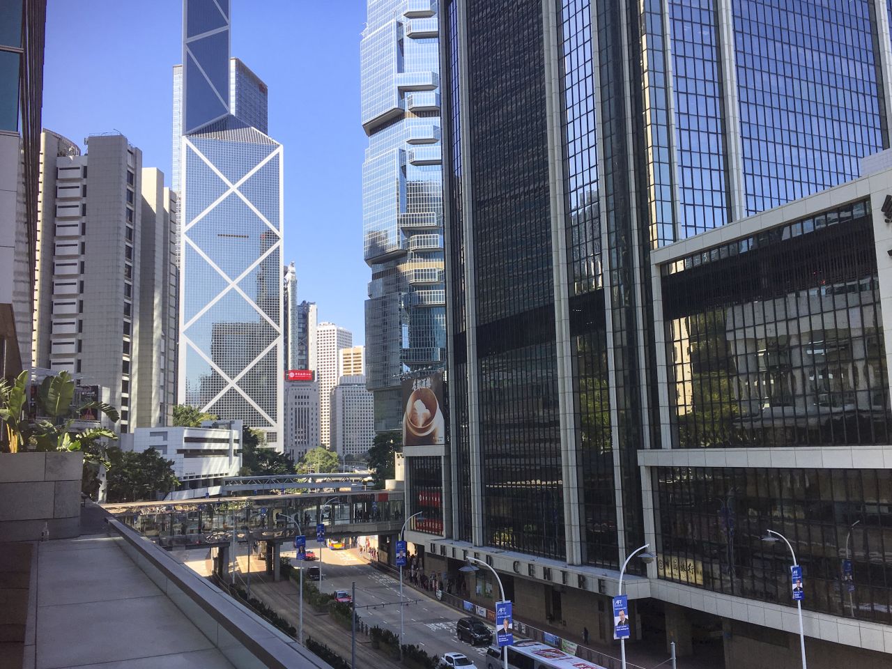 The temptation to get in a car and drive is minimized by footbridges and elevators that provide easier access to walking routes in Hong Kong.