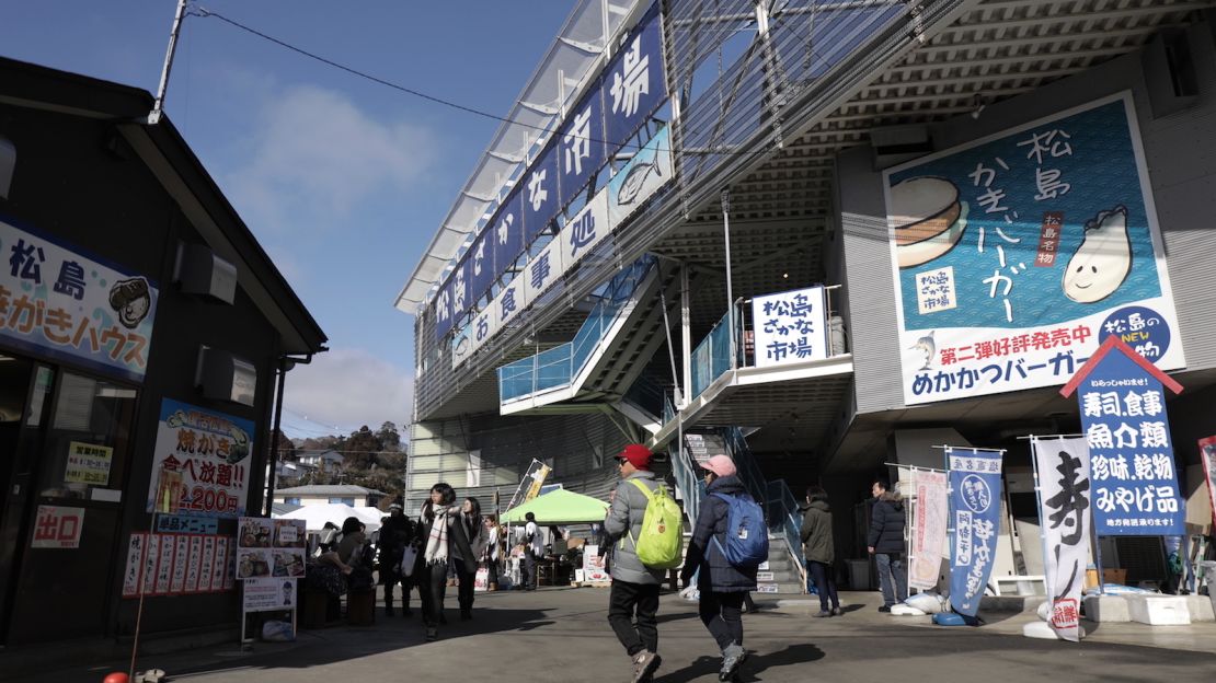 Matsushima FIsh Market's oyster shack, pictured on the left, is located in the parking lot. 