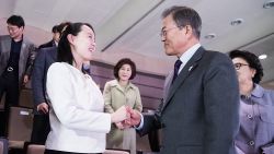 SEOUL, SOUTH KOREA - FEBRUARY 11:  In this handout image provided by the South Korean Presidential Blue House, South Korean President Moon Jae-in (R) shakes hands with Kim Yo-Jong (C), North Korean leader Kim Jong-Un's sister during a performance of North Korea's Samjiyon Orchestra at National Theater on February 11, 2018 in Seoul, South Korea.  (Photo by South Korean Presidential Blue House via Getty Images)