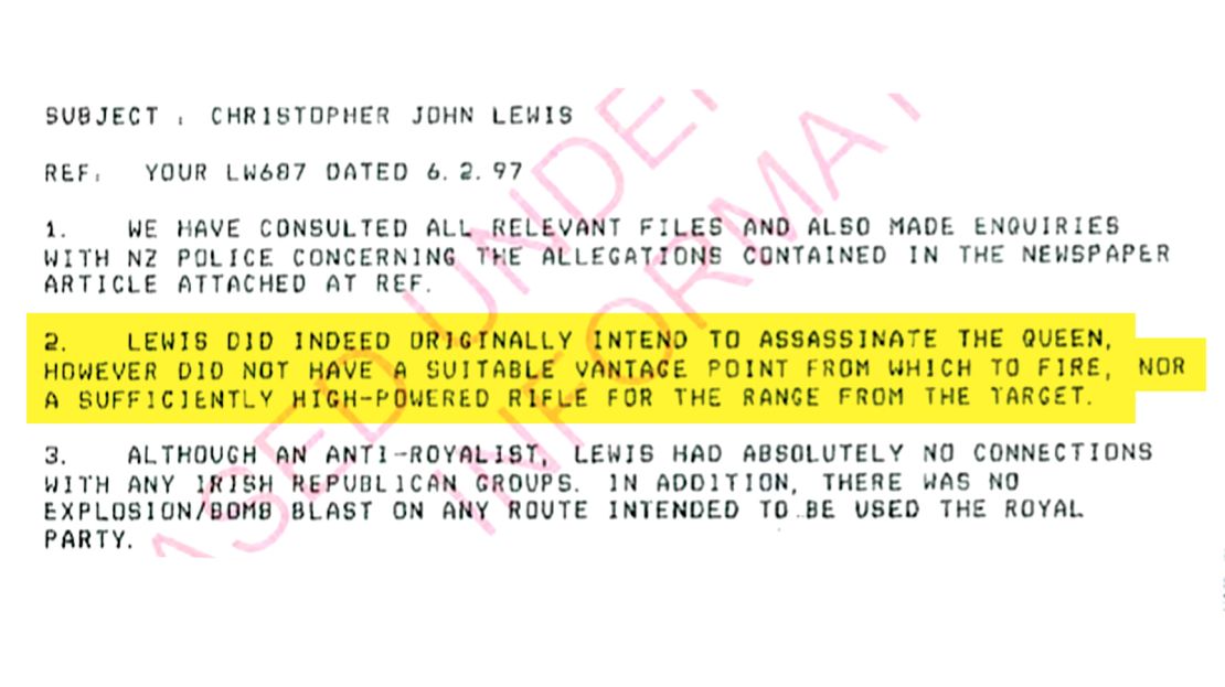 A declassified New Zealand intelligence report concludes Christopher Lewis intended to assassinate the Queen. This image has been altered for clarity.