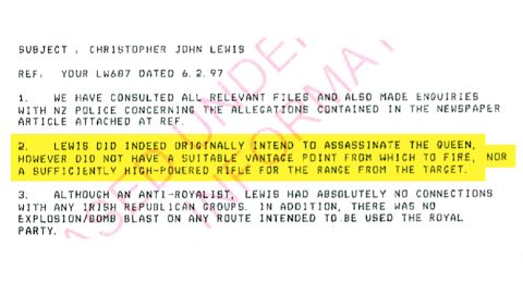 A declassified New Zealand intelligence report concludes Christopher Lewis intended to assassinate the Queen. This image has been altered for clarity.