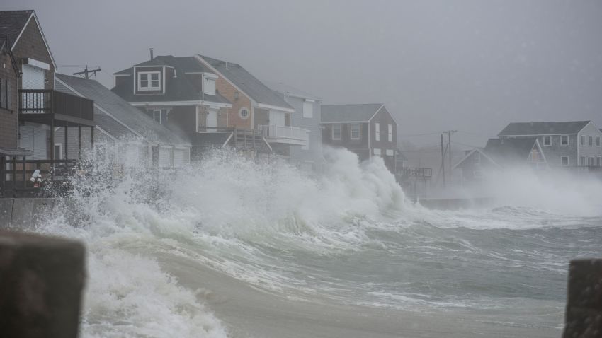 Coastal areas in New England are bracing for the high tide that is scheduled to be at it's highest as seen in Scituate, Massachusetts before receding to lower tide until night fall on March 2, 2018. High winds, rain and flooding is taking place in Scituate and the surrounding coastal areas of Massachusetts as a storm known as a 'bomb cyclone' makes it way past the East Coast.  / AFP PHOTO / RYAN MCBRIDE        (Photo credit should read RYAN MCBRIDE/AFP/Getty Images)