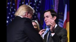 Republican presidential nominee Donald Trump shakes hands with son-in-law Jared Kushner (R) during an election night party at a hotel in New York on November 9, 2016. / AFP / MANDEL NGAN        (Photo credit should read MANDEL NGAN/AFP/Getty Images)