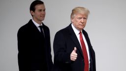WASHINGTON, DC - MARCH 15:  U.S. President Donald Trump gives a thumbs up sign as he walks with son-in-law and senior advisor Jared Kushner to a waiting Marine One helicopter while departing the White House on March 15, 2017 in Washington, DC. Trump is scheduled to travel to Michigan and Tennessee today. (Photo by Win McNamee/Getty Images)