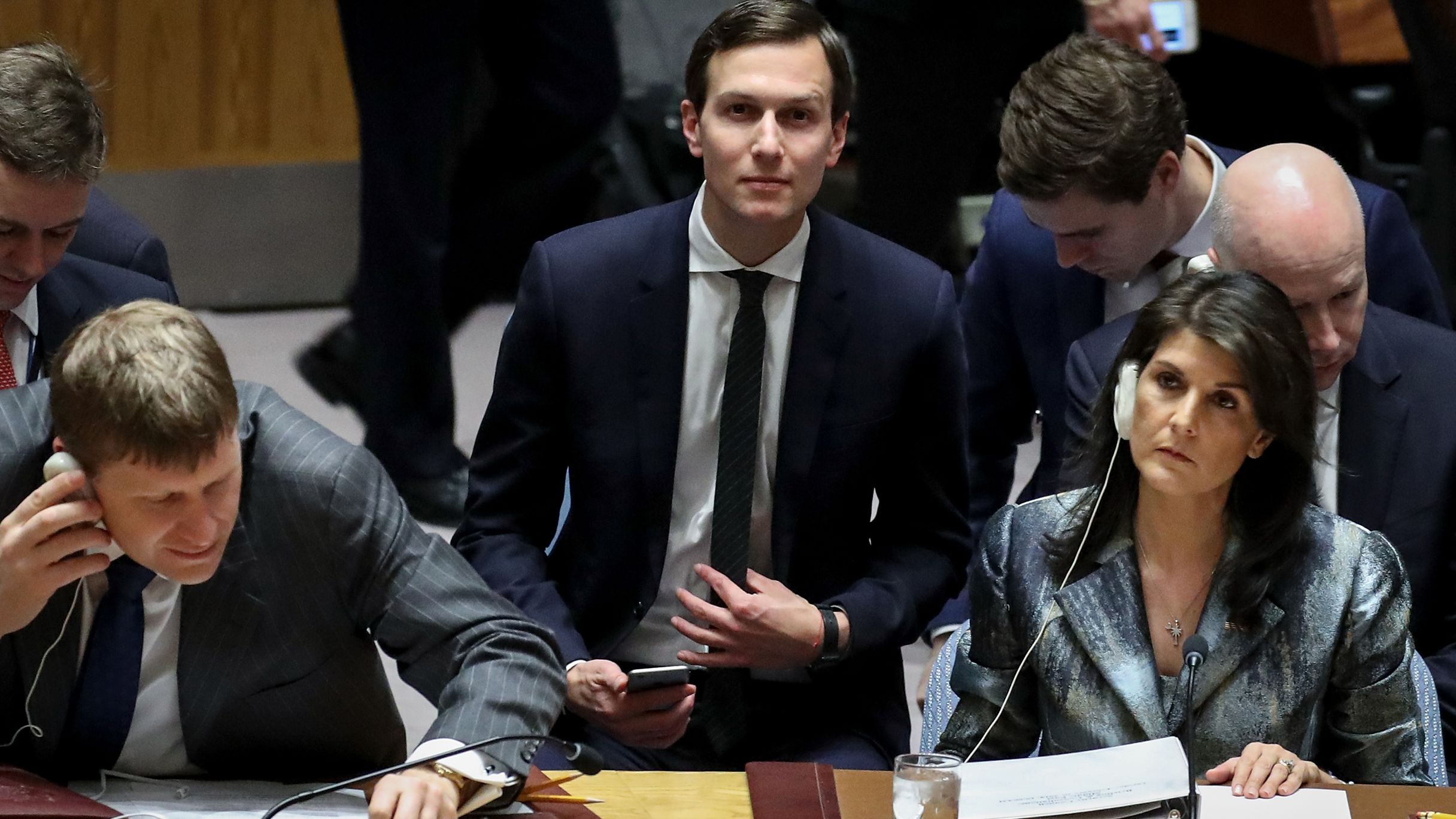 White House Senior Advisor Jared Kushner (2nd from R) takes his seat as US ambassador to the United Nations Nikki Haley (R) looks on before the start of a United Nations Security Council concerning meeting concerning issues in the Middle East, at UN headquarters, February 20, 2018 in New York City.