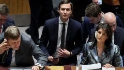 NEW YORK, NY - FEBRUARY 20: White House Senior Advisor Jared Kushner (2nd from R) takes his seat as U.S. ambassador to the United Nations Nikki Haley (R) looks on before the start of a United Nations Security Council concerning meeting concerning issues in the Middle East, at UN headquarters, February 20, 2018 in New York City. President of Palestine and Palestinian National Authority Mahmoud Abbas called for an international Middle East peace conference to be convened later this year. (Photo by Drew Angerer/Getty Images)