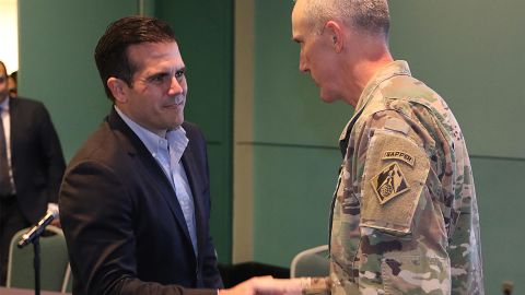 Task Force Power Restoration Commander, Col Jason Kirk (right), and Puerto Rico Governor Ricardo Rosselló on Wednesday.