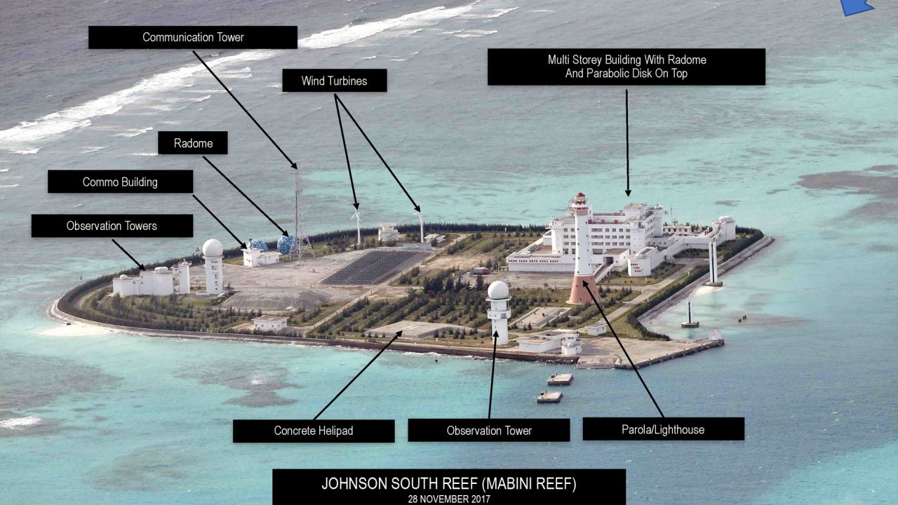 This aerial photograph of Johnson South Reef reef obtained by the Philippine Inquirer and taken on November 28, 2017, shows Chinese militarization and reclamation on the reef.  