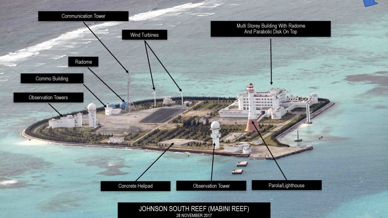 This aerial photograph of Johnson South Reef reef obtained by the Philippine Inquirer and taken on November 28, 2017, shows Chinese militarization and reclamation on the reef.