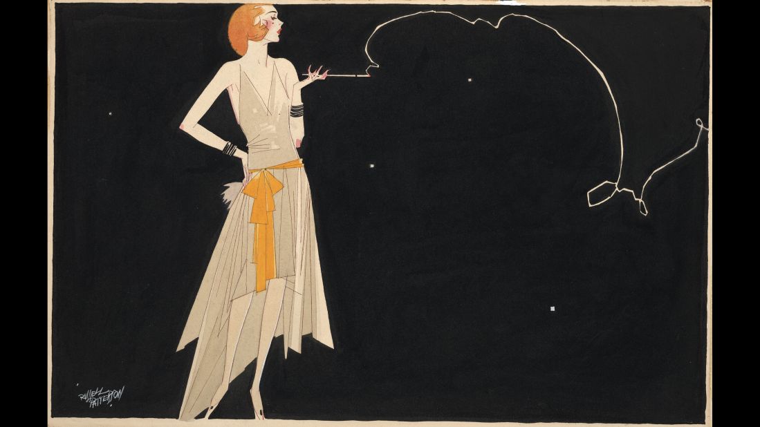 "Where there's smoke there's fire" by American artist Russell Patterson dates to the 1920s. The full-length illustration depicts a fashionably dressed flapper with a slender body.