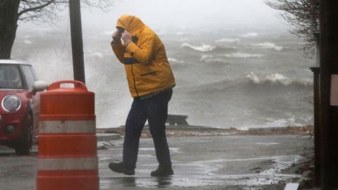 A pedestrian braves the harsh weather conditions near the coast in Newburyport, Massachusetts, on March 2.