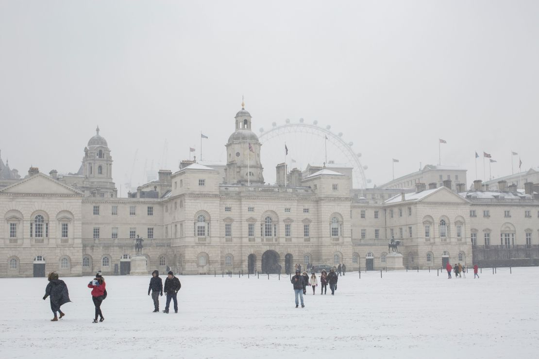 The arrival of Storm Emma brings fresh snow to Horse Guards Parade in London on Friday.