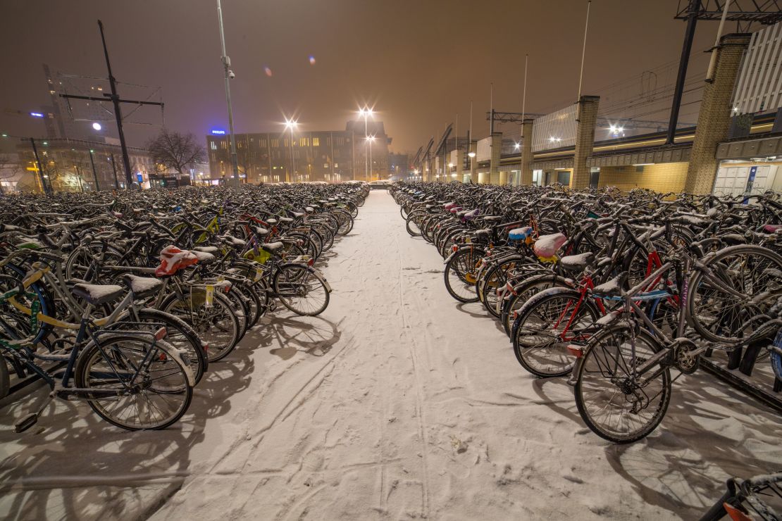 Snow covers parts of Eindhoven, Netherlands, early Saturday.