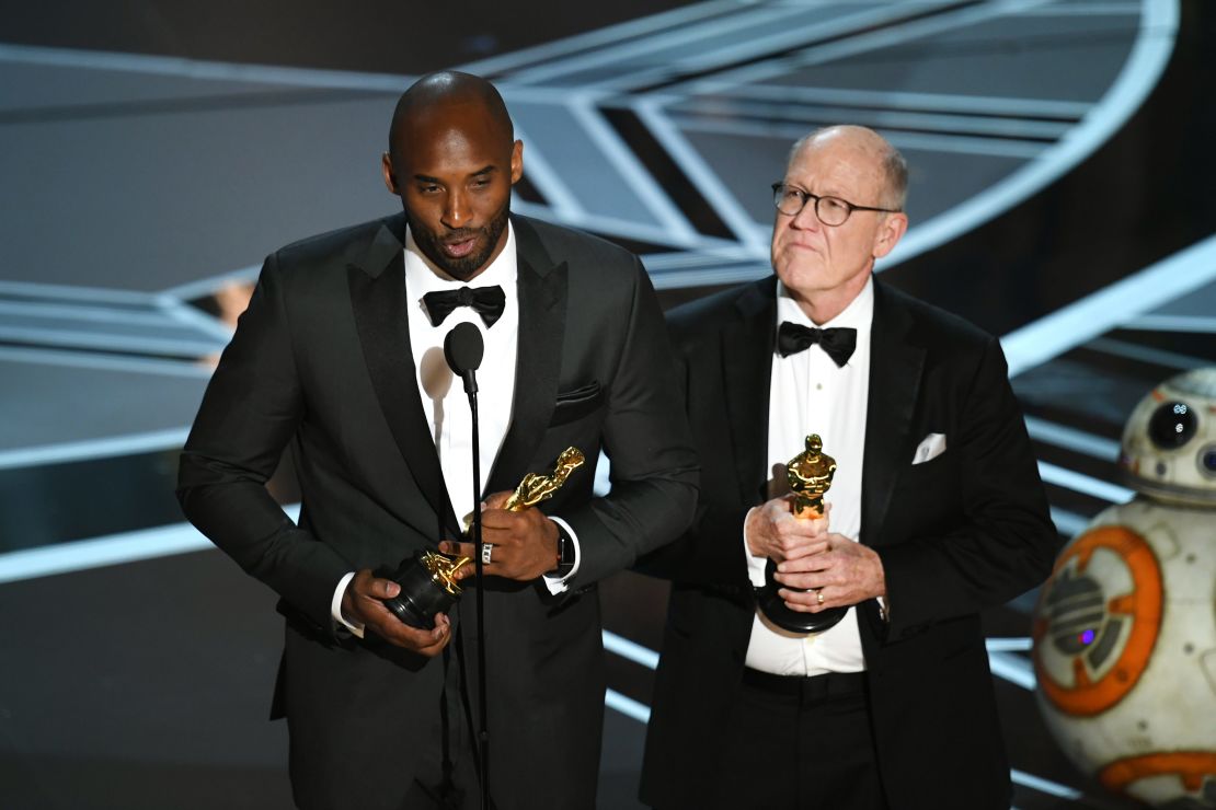 Kobe Bryant and Glen Keane accept Best Animated Short Film for 'Dear Basketball' during the 90th Annual Academy Awards in 2018.