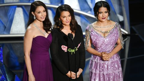 Ashley Judd, Annabella Sciorra and Salma Hayek speak onstage during the 90th Annual Academy Awards.